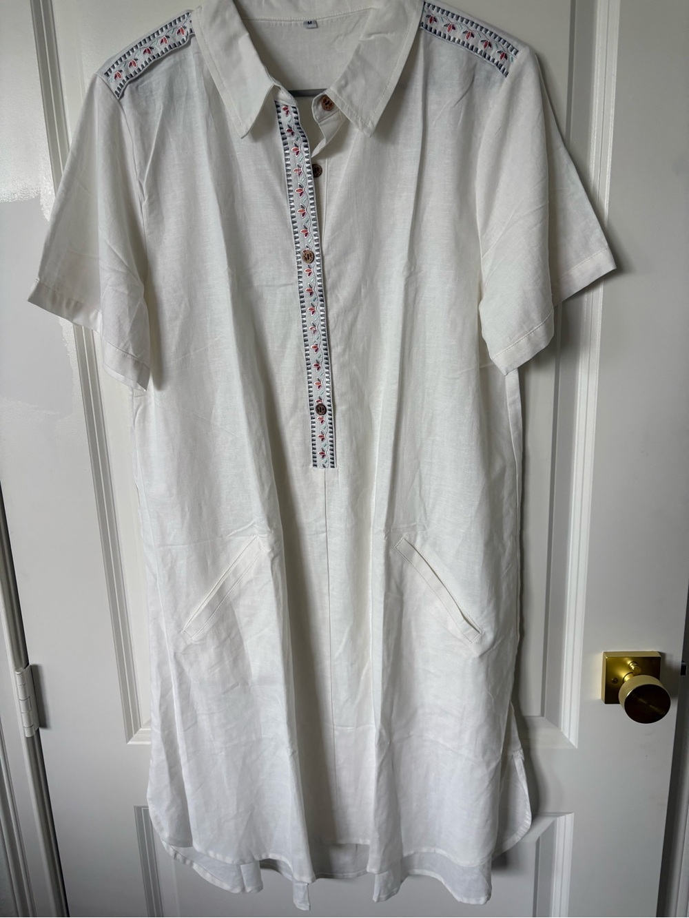 Womens White Linen Short-Sleeve Shirt dress with Embroidered Trim